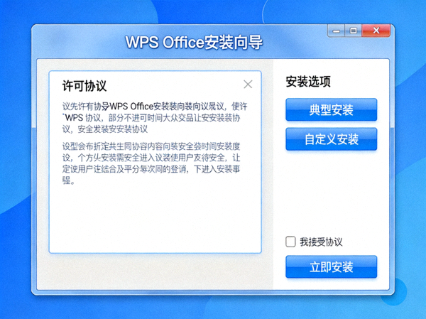 WPS Office 安装向导初始界面截图 - 显示许可协议和安装选项